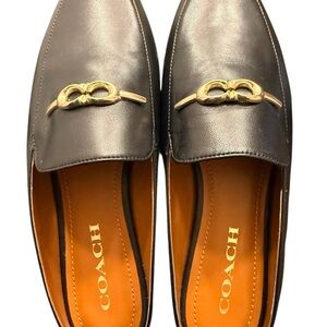 Coach Sienna Slide Black Leather Loafers with Gold Accent